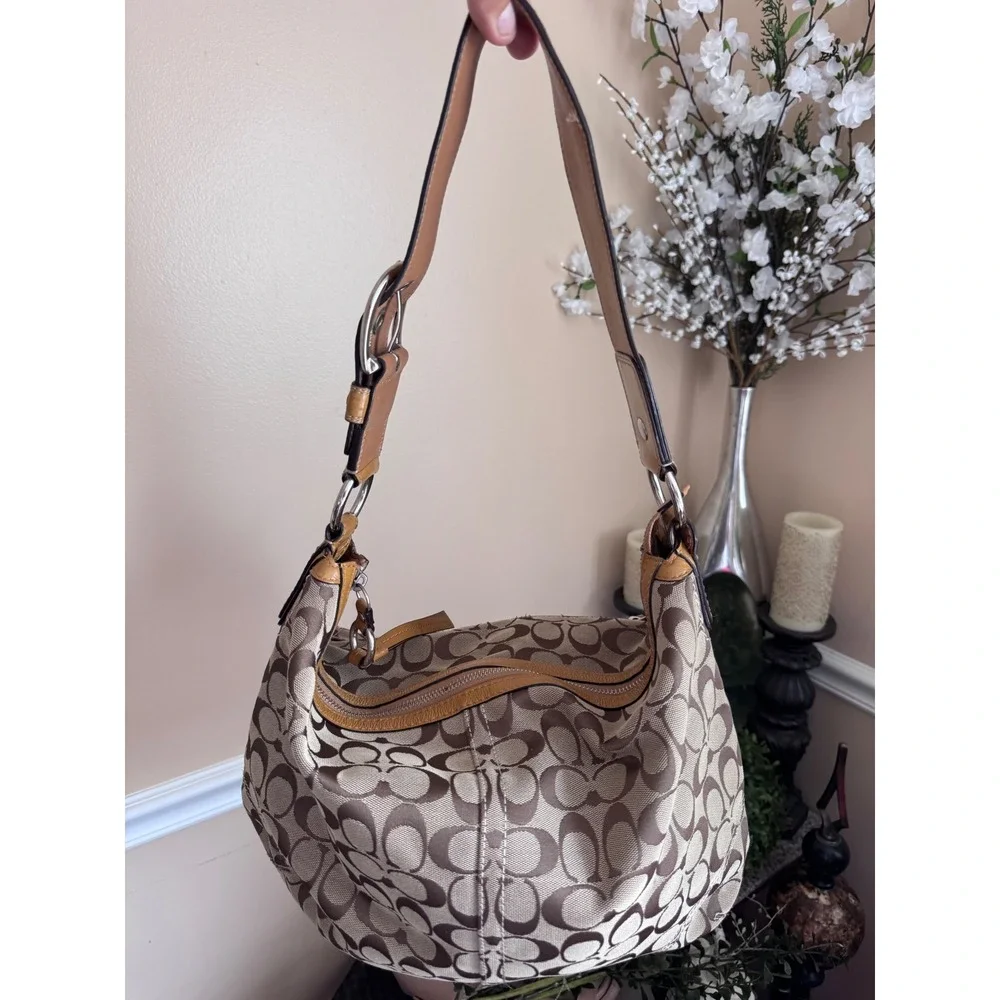 Coach Signature Canvas Hobo Bag Khaki Tan Leather F13116